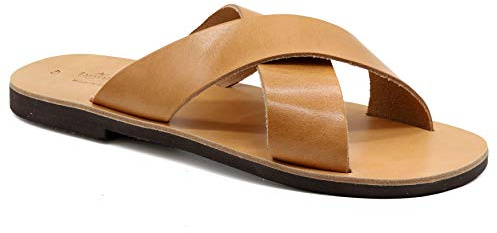 Emmanuela grekiska lädersandaler med korsrem för män, högkvalitativa handgjorda herrsandaler, män X remmar sommarskor, Beige, 44 EU