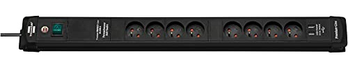 Brennenstuhl Premium-Line Steckdosenleiste mit USB-Ladekabel, Überspannungsschutz und 8 Steckdosen mit Schalter (Leiste mit 3 m Kabel, 2 USB-Ports 5 V/3,1 A, Schwarz