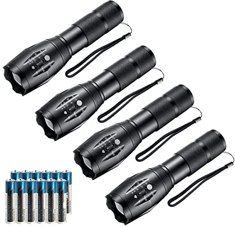 Linternas LED, paquete de 4 linternas tácticas, luces de alto lúmenes con 12 pilas AAA, portátil, impermeable, con zoom, 5 modos para acampar, al aire libre, senderismo, regalo, emergencia (negro,