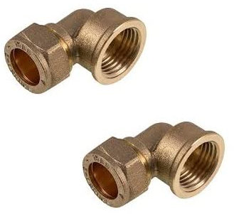 UKDD® 15mm Compression by 1/2 BSP Brass Female Iron Elbow 90 Bend, 15mm x 1/2 Adaptors Bend - WRAS Approved - Pack of 2