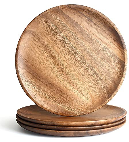 AOOSY Set di piatti da tavola rotondi in legno di acacia da 27 cm, piatti in legno per mangiare panini, insalata, frutta, cibo, salumi (set di 4)