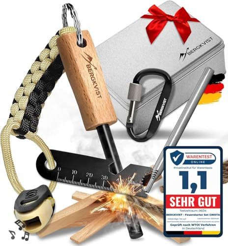 BERGKVIST® Feuerstahl Survival Set GNISTA (17-TLG.) - XXL Outdoor Ausrüstung zum Feuer Machen - Magnesium Feuerstein mit Feueranzünder, Zunder, Notfall-Pfeife, Blasrohr & mehr