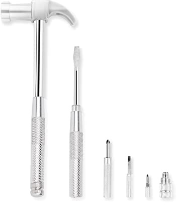 YOUMI 6 in 1 Silver Hammer & Screwdriver Tool Multitool Set Claw Hammer with Anti-Slip Grip Handle Slotted/Flat Head Phillips Screwdriver Nail Puller Best Gift for Family Friends Colleagues