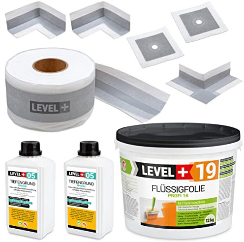 Dichtset Flüssigfolie 12Kg, 2 Innenecken, 2 Wandmanschetten, 1 Außenecke, 15m Dichtband, Tiefengrund 2L Abdichtungsset Dusche Bad Küche SET522