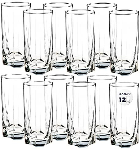 KADAX Bicchieri in vetro di alta qualità, set da 12, bicchieri per acqua, succhi a pareti spesse, bicchieri scanalati per acqua, bevande, succhi di frutta, feste (set da 12 pezzi, 380 ml di altezza)