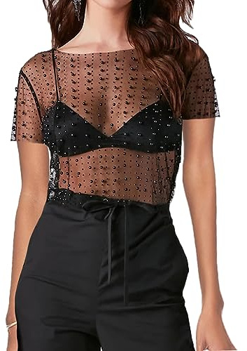 Naileksi Women Pearl Rhinestone Sheer Mesh Crop Tee Top Sexy See Through Short Sleeve Slim Fit Crop T-Shirt Club Summer(M,BlackPearl)