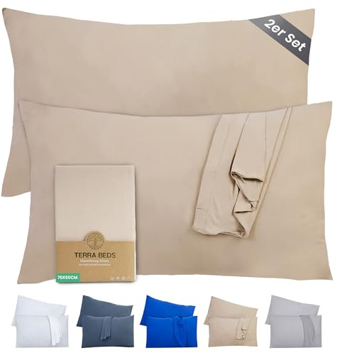 Terra Beds Kissenbezug 50x70 (Set mit 2) - 100% Baumwolle Jersey 160 g/m², Oeko-Tex Zertifiziert - Kopfkissenbezug für Kissen 50x70 mit Reißverschluss, dehnbarem weich atmungsaktiv (Beige)
