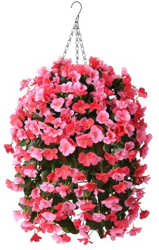 INQCMY NQCMY Artificial Hanging Flowers Basket,Fake Hanging Plant,Silk Flower Arrangements,4 Packs Begonia Flower for Home Decoration of Outdoors Garden Wedding and Indoors（Deep Pink）