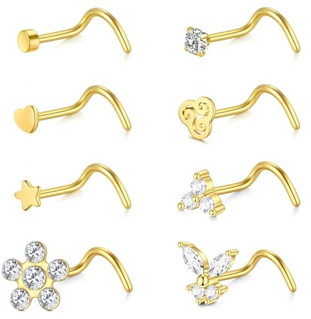 WillTen 8Pcs Nasenpiercing Piercing Set, 18G Chirurgenstahl Nasenpiercing Stecker Gold, Nasenstecker Nostril Nose Piercing Set Selber Stechen Labret Lippen Nase Piercing Schmuck für Frauen Männer