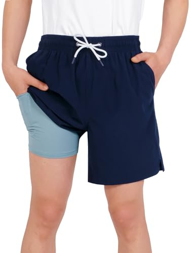 YOUNGSOUL Badbyxor pojkar badshorts med kompression barn 2 i 1 snabbtorkande badshorts boardshorts simbyxor, Mörkblå, 170 cm