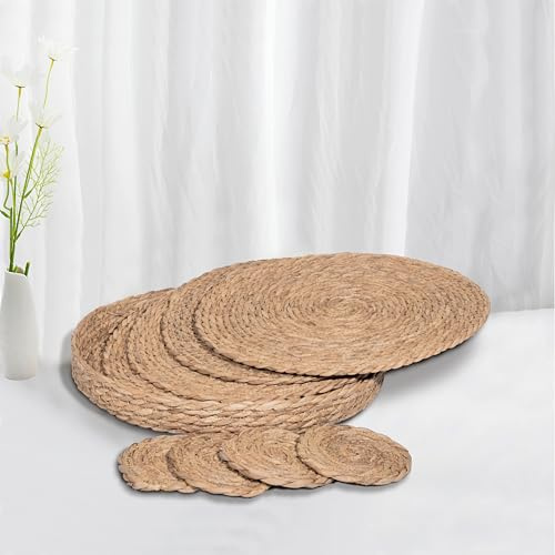 Art PineCone Runde Tischsets aus gewebtem Rohrkolben, 4 Stück, mit Halter, rutschfest und hitzebeständig für perfekte Tischdekoration (Rohrkolben, 33 cmn plus Untersetzer)