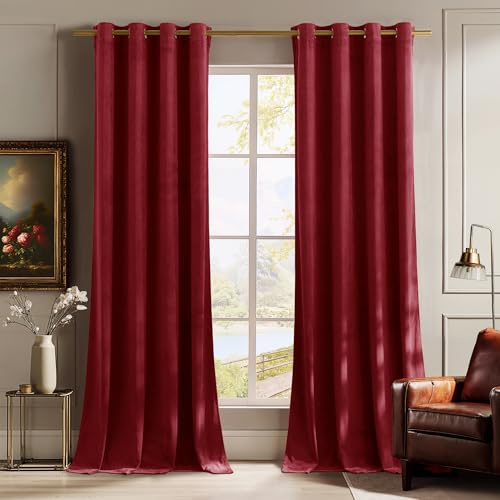 PONY DANCE Christmas Curtains Red Velvet Blackout Curtains - 52x84 Inches 1 Pair of Super Soft Luxury Drapes Elegant Home Decor Window Treatments for Living Room/Bedroom/Patio Door, Set of 2