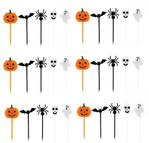 WeddHuis 30 PCS Cupcake Topper Tortendeko Halloween Kuchendeko Fruit Picks Kuchen Dekoration Tortenstecker Kinder Party Kürbis Fledermaus Schädel Geist Spinne