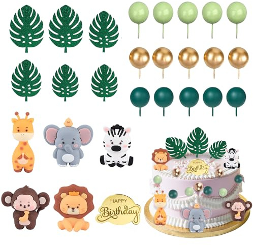 HPLYEL 27PCS Safari Animal Cake Topper, Plam Leaves Balls Cake Decorations Birthday Cake for Wild Theme Birthday Decorations Supplies