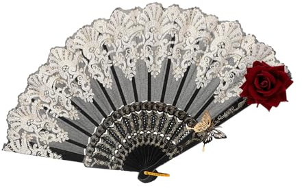 KALLORY Faltfächer Im Palaststil Vintage Handfächer Fächer Aus Schwarzer Spitze Lüfter Bestickter Handfächer Faltbarer Mit Blumenmuster Gothic-Fan Pailletten- Stoff