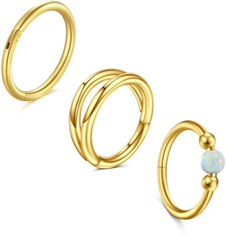 LAURITAMI 3 Stück Nasenpiercing Ring Chirurgenstahl 18G Dünn Nasenpiercing Ring Gold Set,Weiß Opal Septum Clicker Ring,8mm Helix Conch Knorpel Tragus Nasenpiercing Schmuck