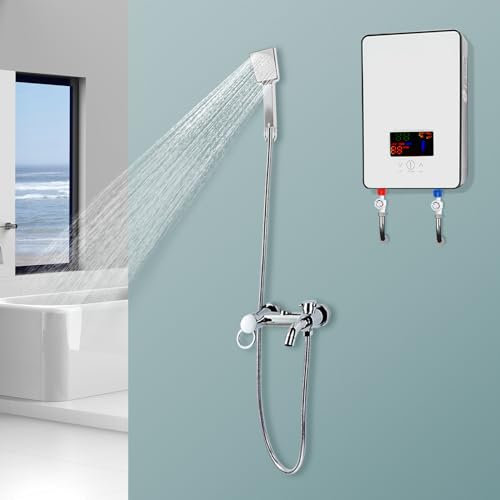 Chauffe-eau électrique instantané 220 V, 6500 W, petit chauffe-eau avec affichage LED, douchette, support de douche et tuyau de douche, chaleur instantanée en 3 secondes, 30 à 55 °C, blanc