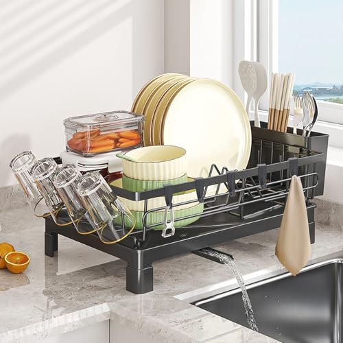 OFOAEEA Dish Drainer Rack, Draining Board Rack, Sink Drainer Rack, Dish Drying Rack, Space Saving Dish Rack for Kitchen Counter, Kitchen Drainer with Cups Hooks Utensil Cutting Holders, Black
