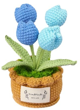 UniqKaliber Tulipanes de ganchillo en maceta, tulipanes de ganchillo terminados, ramo de flores de punto en jarrón, tulipanes sintéticos para oficina, hogar, centro de mesa, decoración del día de San