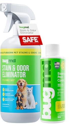 BugMD Essential Pest Control Concentrate + BugMD Pet Odor & Stain Remover – Natural Pest Control + Family & Pet Safe Enzyme Cleaner – Kill Ants, Roaches, Spiders & Eliminate Pet Stains & Odors