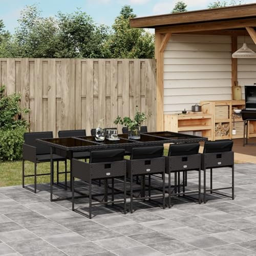 Gecheer 9-TLG. Garten Essgruppe 8 Personen Gartenmöbel Set, Sitzgruppe mit 8 Gartenstuhl+1 Glasplatte Tisch, Gartenlounge Set Gartenset Balkonmöbel Set Gartengarnitur mit Kissen Schwarz Poly Rattan