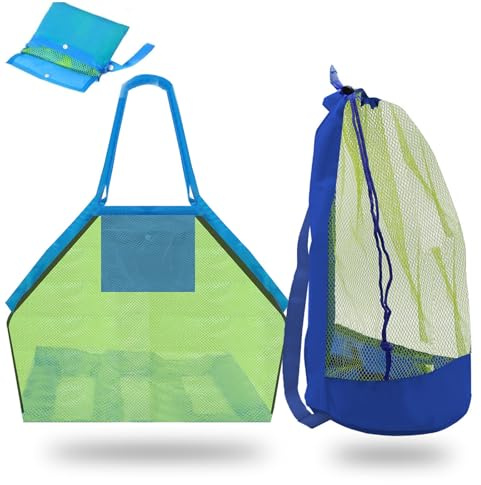 2 Stück Strandspielzeug Tasche Kinder, Sandspielzeug Netztasche, Beachbag Ballnetz Faltbar, Strandtasche zum Spielen am Strand für Familie Urlaub Wasserspielzeug Rücksack Beutel Netzbeutel(grün-N)