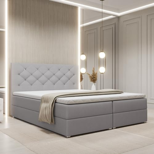 FurniDe24 Boxspringbett Fano, 2 Bettkästen, Grau, Samt, 160x200cm | Polsterbett mit Taschenfederkernmatratze H3, 3 cm hohem Topper, gepolstertem Kopfteil mit Zierknöpfen und verstärktem Rahmen