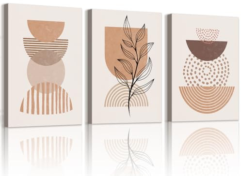 WENGTIAO 3 Stück Boho Abstrakt Geometrisch Leinwand Bilder Kunstdrucke Gerahmtes Bild Beige Braun Minimalistische Pflanzen Wandbilder für Modern Wohnzimmer Schlafzimmer Wanddeko 30x40cmx3