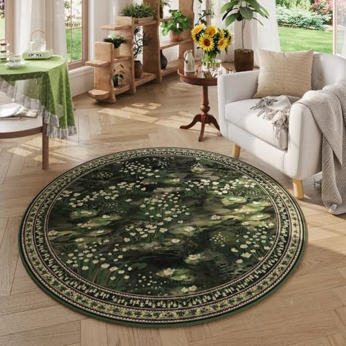 Rugcomf Circle Rug Impressionist-Style Vintage Round Rug 4ft Non Slip Low Pile Small Circular Rug for Bedroom Bathroom Entryway Kids Room Office College Dorm, Green