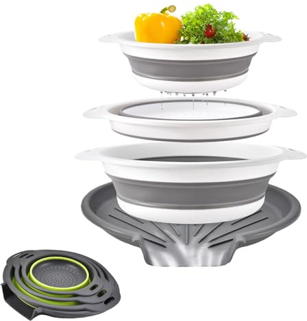 Passoire pliable grande,Passoire pliante,Bord d’évier antidérapant,Empilable,Gagne de place,Lot de 3 passoires pliables avec bac d'égouttage auto-drainant,Sans BPA,lave-vaisselle,Pâtes,Fruits,Légumes