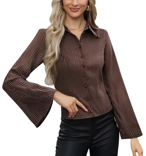 ABEHIK Damen Langarm Gestreifte Hemd Button Down Lässige Bluse Elegante Büro Basic Streifenbluse Hemdbluse Business Outfit braun S