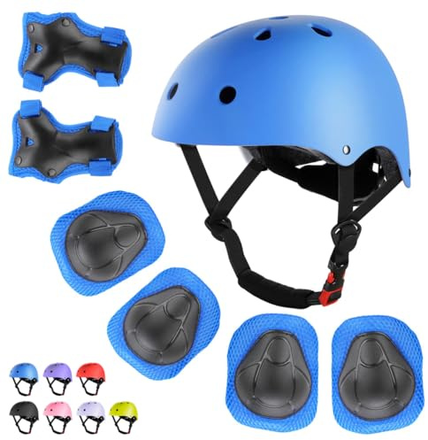 WayEee Kids Bike Helmet Set Skateboard Knee Pads, Helmet Pad Set Protective Gear Set Adjustable for Girls Kids 3-14 Helmet Elbow Pads Wrist Guards for Sport Cycling Bike Roller Skating Scooter, Blue