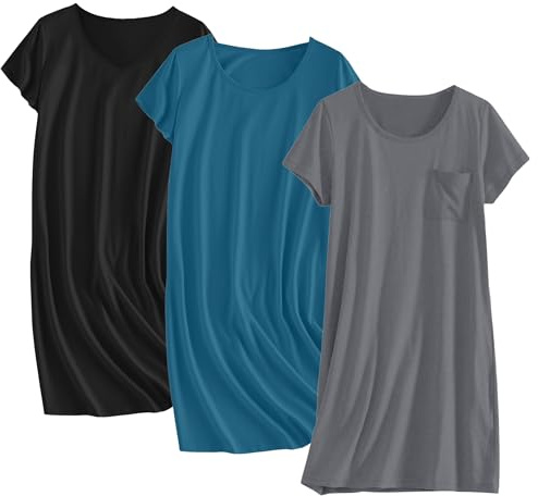 Ekouaer Cotton Nightgowns for Women 3 Pack Sleepshirts Short Sleeve Night Shirt Tshirt Night Gown Soft Sleepwear Print Sleep Dress Dark Blue/Black/Dark Grey XXX-Large