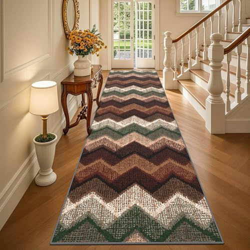 TUKDAK Boho Teppich Läufer Flur rutschfest 80x300cm, Braun Grün Waschbar Teppichläufer Flur, Waschbarer Küchenläufer, Kurzflor Küchenteppich, Flurteppich Läufer Lang Wohnzimmer Schlafzimmer Korridor