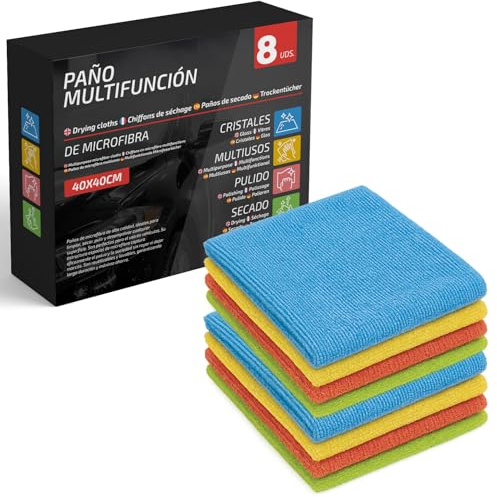 VENTUX GEAR Paños de Microfibra 8 Piezas 40×40 cm – Súper Absorbentes para Coche, Cocina y Cristales