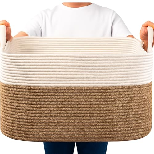 Large Storage Basket 65L – Woven Cotton Rope Clothes & Blanket Organizer for Bedroom – Foldable Laundry Basket for Living Room Home Storage