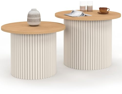 IDMarket - Set di 2 tavolini estraibili KANEL tondi 40/45 effetto scanalato beige e vassoio in legno