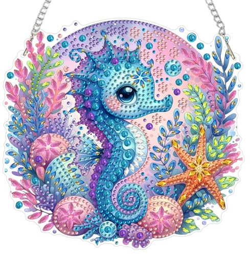 MEIYUDA Hanging Diamond Art Kits Adults Seahorse Sea, Special Shaped Crystal Rhinestone Suncatcher, 5D Diamond Art for Adults Beginners Kids DIY Kits, Window Hanging Ornament