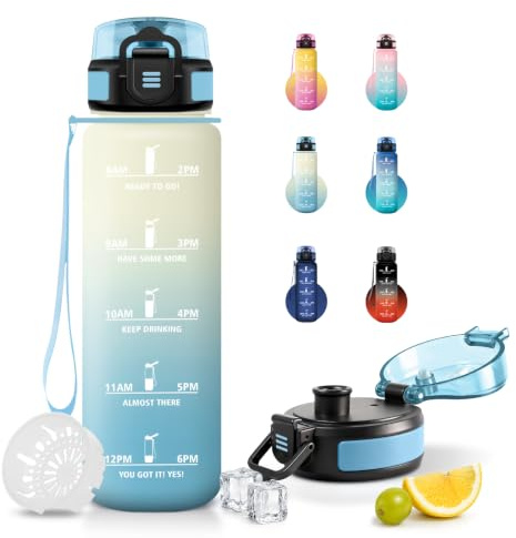 JAPORIA Borraccia 1 Litro, Bottiglia con Filtro, a Prova di Perdite, Bottiglia Acqua con Indicatore del Tempo, per Fitness, Viaggi, Scuola
