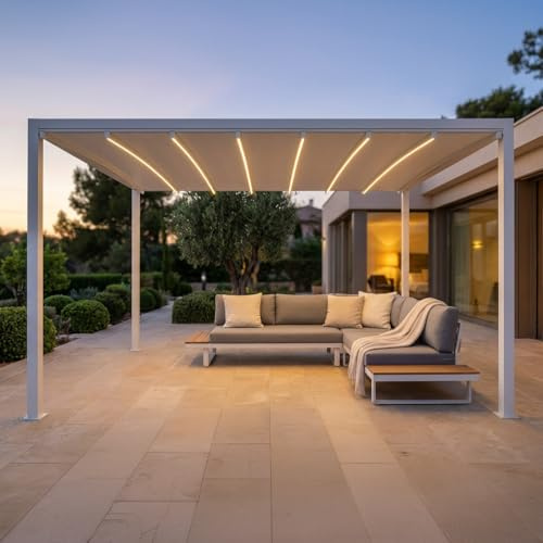 BS COM Pergola Bioclimatica in alluminio con tetto retrattile e LED - HERA Bianco