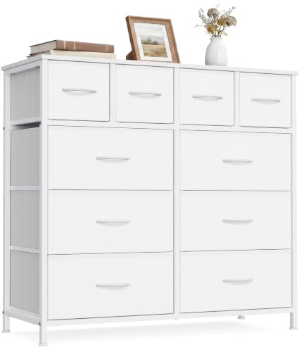 SONGMICS Commode avec 10 Tiroirs, Meuble de Rangement, Cadre en Acier, Tiroirs en Tissu, 98,7 x 30 x 96,2 cm, pour Chambre, Salon, Blanc Nuage, Collection BELLAH LGS236W101
