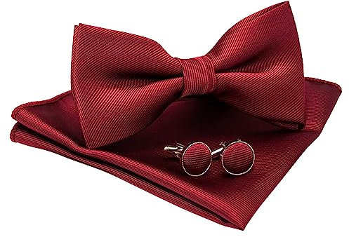 JEMYGINS Noeud Papillon Homme Rouge foncé en Soie Réglable Sergé Fait à La Main et Boutons de Manchette et Carré de poche Ensemble Compris boîte(5)