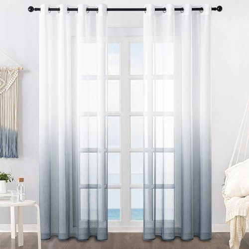 MRTREES Voile Gardinen Farbverlauf Leinenoptik Transparent Vorhang Kurz Tüllvorhang mit Ösen in Grau Weiß Verlauf 225×140cm (H×B) Modern für Dekoration Kinderzimmer Wohnzimmer Schlafzimmer 2er-Set