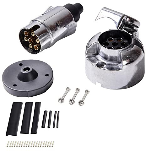 Feuunly Anhänger Aluminiumlegierung Stecker Steckdose 7 Polig, 12V 7Polige Metall Stecker Steckdose Mit Wasserdichtes Gummipad Schrumpfschlauch und Kupferdraht Abzug, Für Anhänger PKW LKW RV Wohnwagen