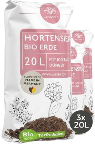 JASKERS® Hortensienerde | Perfekte Blumenerde für weiße und rosafarbene Hortensien | Pflanzenerde mit Wurzelaktivator & Dünger | Nährstoffreich & In Deutschland Abgefüllt | 40L
