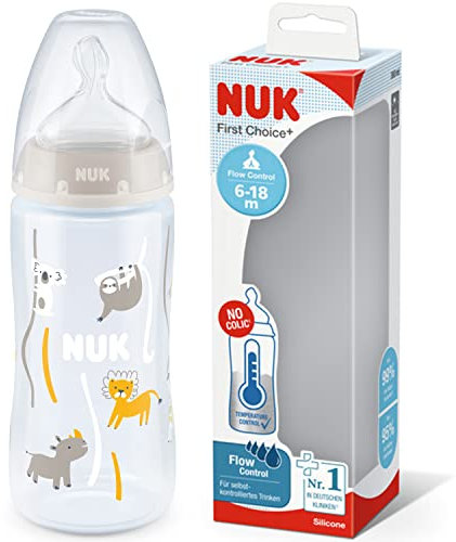 NUK First Choice+ Baby Bottles | 6-18 Months | Anti-Colic Valve | BPA Free | 300ml | Silicone Teat | with Temperature Control | Grey Sloth