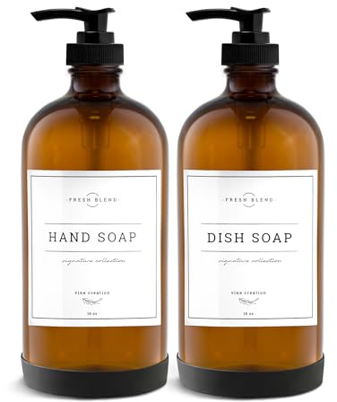 Vine Creations Dispensador de jabón de vidrio ámbar, paquete de 2, botellas de vidrio gruesas de 16 onzas con bomba de plástico negro, fregadero de cocina moderna y decoración de baño, tarro vintage