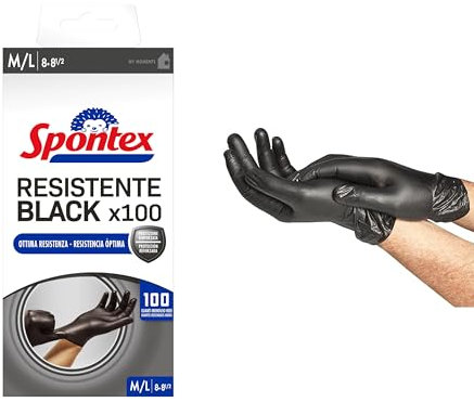 Spontex Guanti Monouso Nitrile Neri Resistente Black, 100 pezzi, Senza Lattice e Senza Polvere, Multiuso, taglia M/L