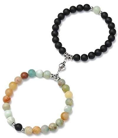 LCDIUDIU Armband Damen,2 Stück Paar Magnet Armband Naturstein Amazon Kristall Armband Stretch Perlen Angst Armband Yoga Energie Edelsteine ​​Perlen Armreif Schmuck Für Männer Frauen Geschenk
