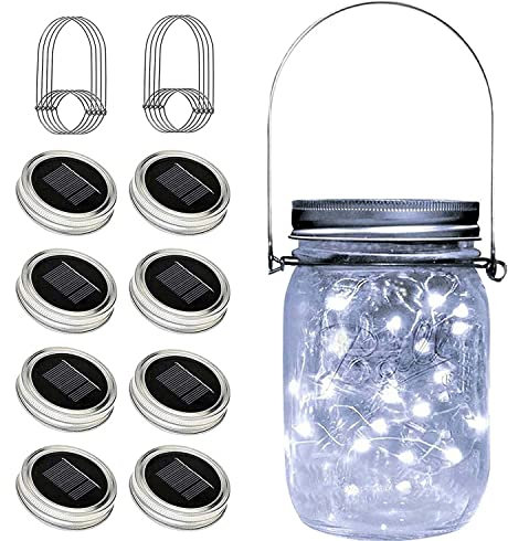 Ostritec Solar Mason Jar Lights Lids, 8 Pack 30 Led Fairy Lights(Jars Not Included), Outdoor Hanging Mason Jar Solar Lights, Fairy in a Jar Solar Firefly Lights for Patio Garden Table Decor